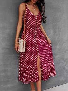 Breezaya Button Through Drawstring Waist Polka Dot Cami Dress Maxi Vacation Beach Outfits Women