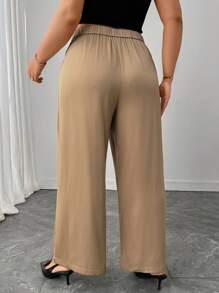Flirla Plus Size Women's Business Casual Wide Leg Pants With Button Decoration, Suitable For Commuting, Spring/Summer Fall Cloth For Women - Khaki - View 2