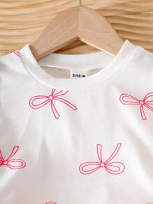 SHEIN Playful Pals 女婴可爱全身蝴蝶印花粉色短袖上衣和配套蝴蝶印花针织裙，夏季韩版 - 白色 - 查看 4
