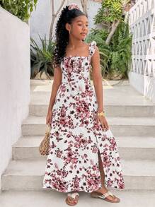 Tween Girl Vacation Casual Ditsy Floral Open Back Long Split Dress - Coral Pink - View 4