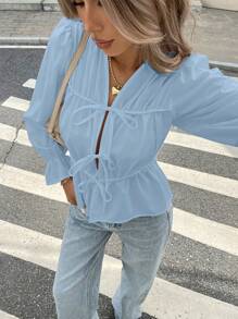 Serisse Women's Solid Color Knotted Casual Long Sleeve Shirt, Suitable For Summer Winter Blue