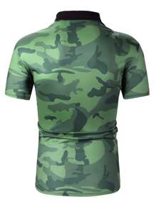 Manfinity Mode 男士迷彩印花短袖 Polo 衫，领口图案彩色 Polo 衫，度假休闲丈夫男士 Camomens Camogreen Polo For Menpolo 衫男士>纽扣 - 綠色 - 查看 3