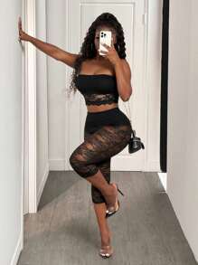 BamGleam Top ajustado de estilo corsé con parches de encaje floral para mujer