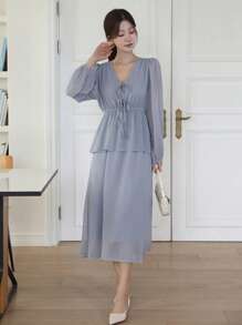 DAZY Vestido largo de unicolor con cintura ceñida y mangas de obispo, vestido largo elegante para mujeres, vestidos casuales de mujer de manga larga