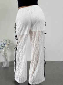 Firerie Pantalon large blanc casual de sport avec décor de dentelle et nœud bicolore noir et blanc, tailles plus pour femmes - Noir et Blanc - Voir 2