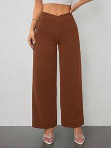 SHEIN PETITE 女士休闲优雅腰部交叉剪裁直筒裤 - 咖啡棕 - 查看 6