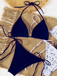 Swim Mod Bộ 2 chiếc/Bộ đồ bơi bikini họa tiết hoa tam giác thắt nơ cho kỳ nghỉ xuân dành cho nữ đi biển - Màu xanh hải quân - Xem 4
