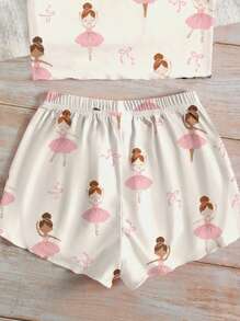 SHEIN Jonge meisjes strik & ballerina grafische casual camisole top & shorts loungewear set, geschikt voor de zomer