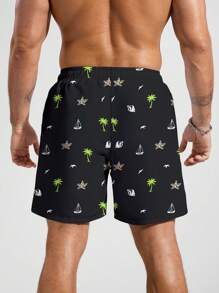 Manfinity KASUA Men's Palm Tree Print Drawstring Waist Casual Beach Shorts Man Swim Trunks - Black - View 2