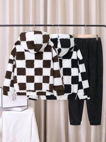 Tween Boy 2pcs Checkerboard Pattern Drop Shoulder Teddy Hoodie & 1pc Pants