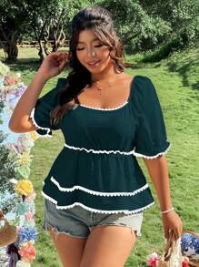 SHEIN LUNE 大码女式方领短袖拼接丝带拼布A字下摆收腰休闲衬衫 - 藏蓝色 - 查看 1