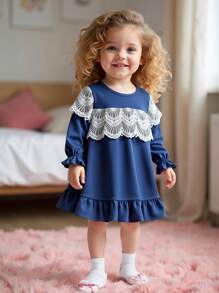 SHEIN Baby Girls Solid Pale Pink Elegant Sweet Long Sleeve Long Ruffle Trim Nightgown Home Wear - Royal Blue - View 8