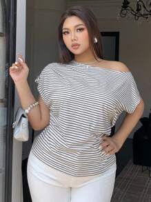 Dazy Plus Black & White Striped Asymmetric Open Shoulder Short Sleeve T-Shirt, Spring/Summer - Black and White - View 5
