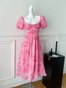 Comfortcana Abito elegante da donna a metà polpaccio con stampa floreale, estivo
