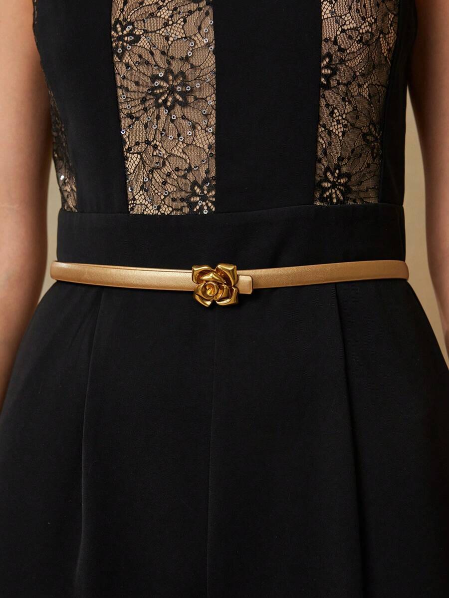 MOTF PREMIUM 1PC 3D FLOWER/ROSE DECORATIVE BUCKLE SKINNY WAIST BELT - Gold - View 2