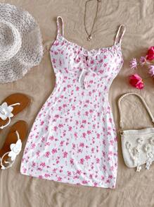 SHEIN WYWH Đầm ôm sát mini dây rút họa tiết hoa Ditsy, phong cách thường ngày/nghỉ dưỡng, xanh dương và trắng - Hồng - Xem 4