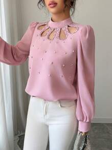 Modelyn 女士宽松泡泡珠领撞色材质拼接长袖衬衫 - 粉色 - 查看 5