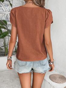 EMERY ROSE Asymmetrical Collar Solid Color Short Sleeve Casual Vacation Shirt - Brown - View 2