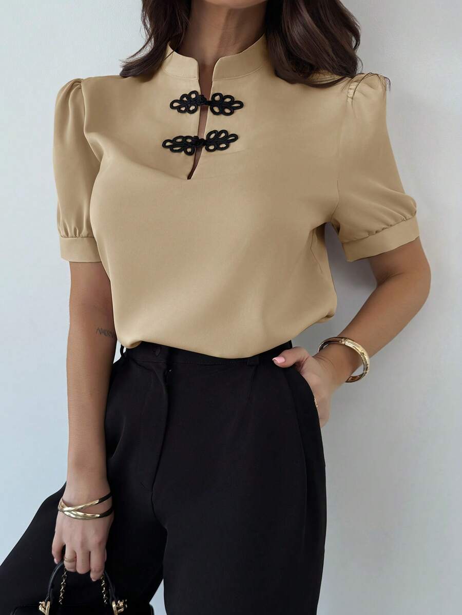 Firerie 女士优雅浪漫约会泡泡袖撞色纽扣衬衫，春夏，情人节 - 卡其色 - 查看 1