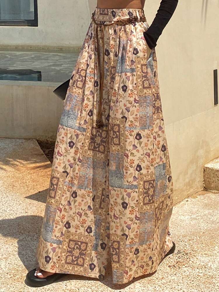 Bohemian Style Floral Print Wide Leg Maxi Pants For Women