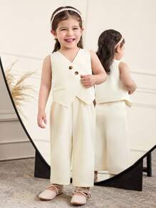 SHEIN 2pcs/Set Baby Girl White,Summer,Elegant,Birthday Casual Sleeveless Top & Asymmetrical Hem Buttoned Waistcoat With Straight Leg Pants Suit,Beige - Apricot - View 7
