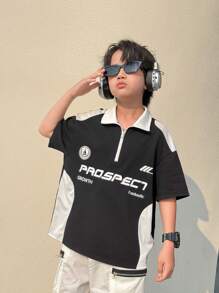 Tween Boy Casual Korean Style Comfortable Letter & Graphic Print Patched Contrast Color Polo Collar Half-Zip Loose Knit Top - Black and White - View 5