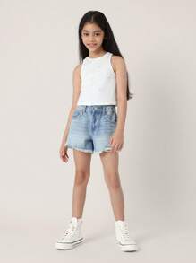 SUMWON Top sin mangas con patrón de moño, de canalé, casual de verano, de atletismo, danza, gimnasio y yoga con bordado delicado para niñas. Camiseta de entrenamiento atlético juvenil para entrenamientos.
