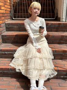 FRIFUL 女士蓝色格子蓬蓬薄纱裙，甜美高腰娇小版型，春夏款 - 杏色 - 查看 1
