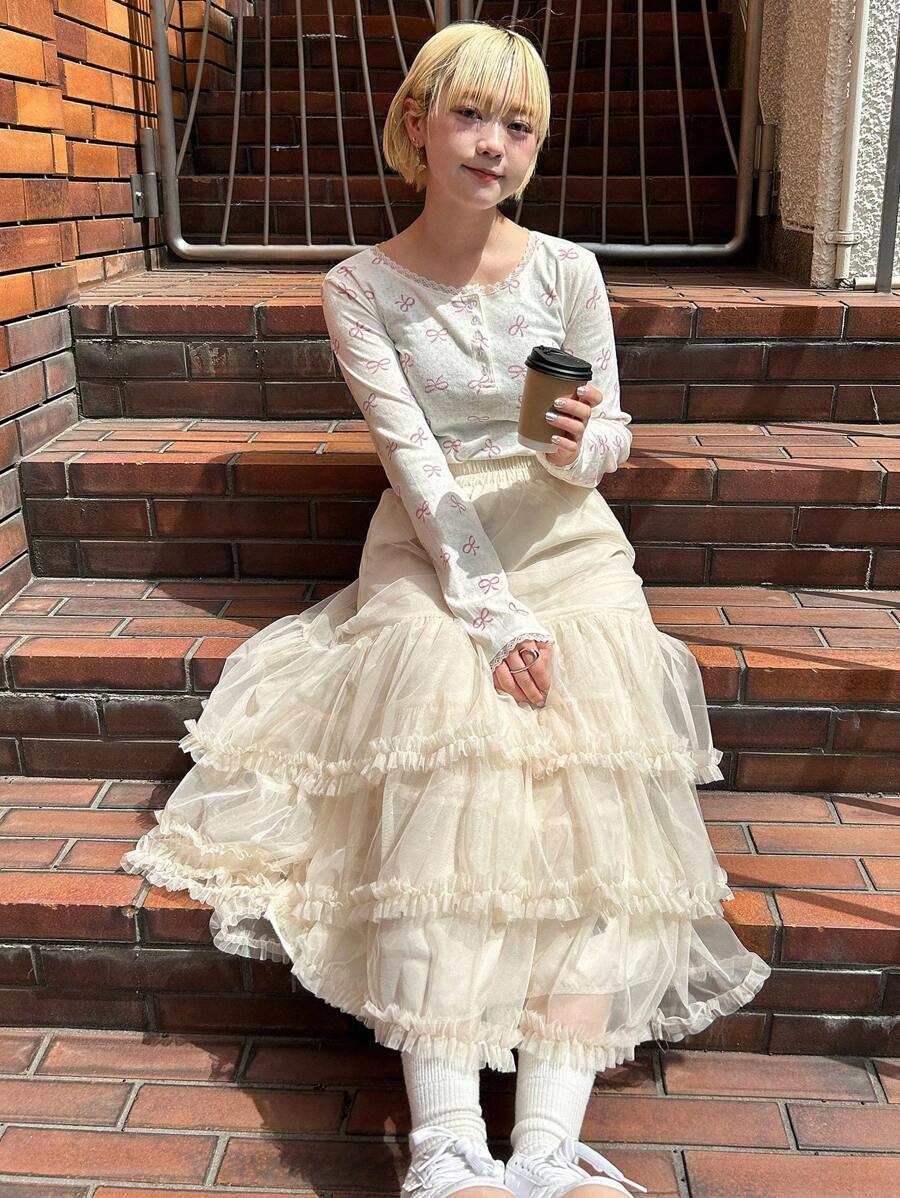 FRIFUL 女士蓝色格子蓬蓬薄纱裙，甜美高腰娇小版型，春夏款 - 杏色 - 查看 1