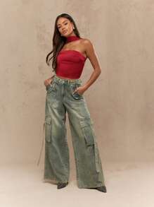 MISSGUIDED 优雅缎面抹胸束身胸衣，系带设计，适合晚宴、俱乐部穿着，修身剪裁，无肩带露脐设计，时尚吸睛，节日季圣诞装扮。 - 紅木色 - 查看 4