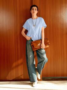 Uhlyne Áo thun nữ cổ tròn tay ngắn màu trơn rộng rãi - Màu xanh lam - Xem 6