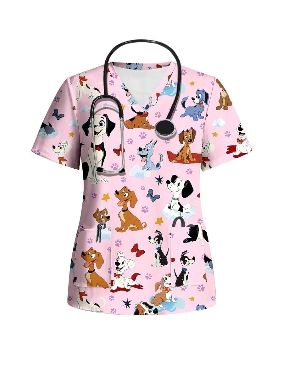 PopScrub Casual Cute Cartoon Puppy Print Scrub Top, Suitable For Summer, Plus Size - Multicolor - View 1