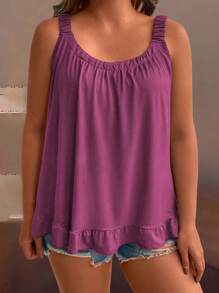 EMERY ROSE Plus Size Women Plain Color Pleated Casual Loose Camisole - Red Violet - View 4