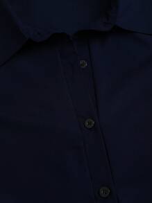 Sweetra Vestido camisero ajustado de mujer en color liso y fruncido - Azul Marino - Ver 6