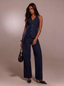 SHEIN Forever 21 Summer New V-Neck Halter Backless Fitted Washed Deep Blue Striped Denim Shirt For Women - Dark Wash - View 3