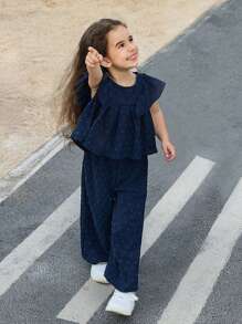 SHEIN Young Girl Woven Solid Color Round Neck Ruffle Trim Top And Woven Loose Wide-Leg Pants 2 Pieces Set