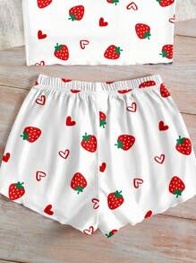 SHEIN Tween Girls' Casual Vibey Strawberry & Heart Print Fitted Cami Top And Shorts Loungewear Set, Summer - Multicolor - View 3