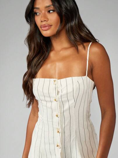 MISSGUIDED Linen Button Front Pinstripes Spaghetti Strap Cami Fitted Mini  DressMISSGUIDED