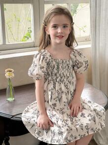 LMoss Kids LMoss   Young Girl Ditsy Floral Gathered Ruffle Puff Sleeve Fitted Casual Dress,Casual Dress Unique Dresses For Girls    Girls Summer Dresses Spring Dresses For Girls Summer Clothes For Girls Spring Girl Clothes - Black and White - View 6
