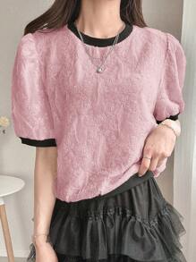 FRIFUL 女士圆领泡泡袖宽松撞色拼布衬衫 - 粉色 - 查看 4