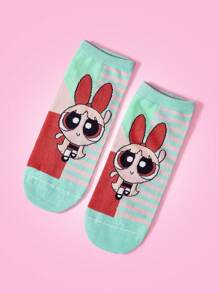 THE POWERPUFF GIRLS X SHEIN 1 Pair Women's Contrast Color Stripe Blossom Pattern Ankle Socks - Multicolor - View 3