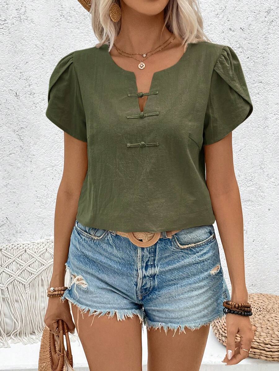 Breezaya Women's Solid Color Button Design Bud Short Sleeve Shirt - Olive Green - View 1