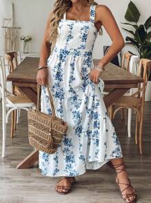 SHEIN Holidaya Plus Size Women Blue & White Print Waist Shaping Vacation Daily Casual Commuter Strap Midi Dress