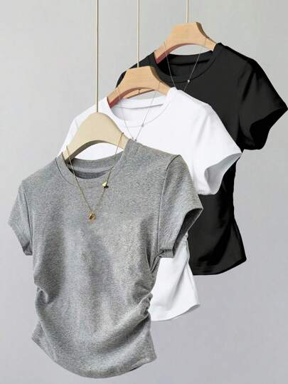 INAWLY 3pcs/Set Women Versatile Casual Minimalist Summer Short Sleeve T-Shirt Set