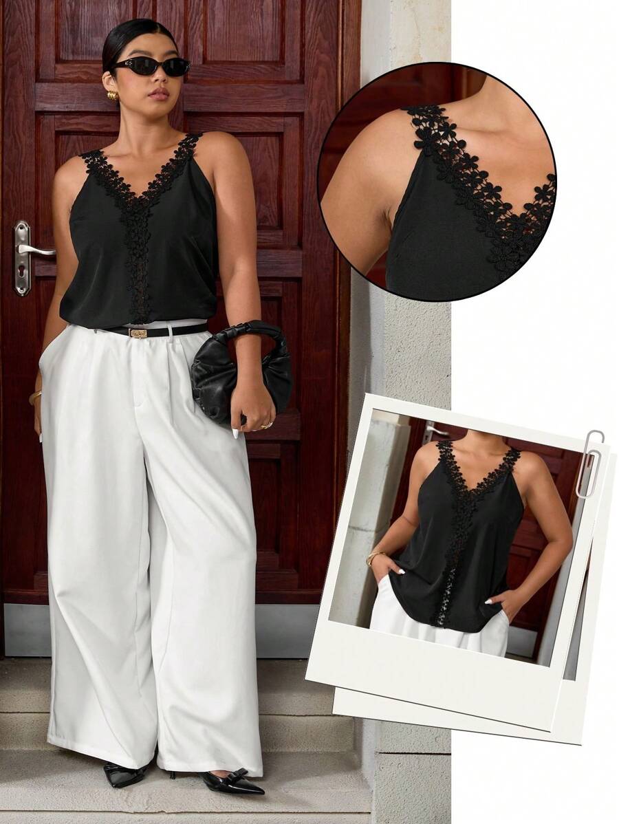 Elenzga Plus Size V-Neck Contrast Lace Camisole And Tank Top Date - Black - View 1