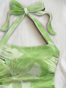 Soleia Women's Floral Pattern Knit Texture Halter Neck Fitted Tank Top, Suitable For Summer Vacation - Green - View 6