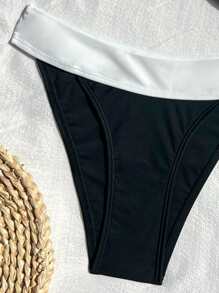 SHEIN Swim 全新可调节细肩带黑白扭结短款背心和高腰侧低腰性感比基尼套装 2 件套，度假比基尼 - 黑與白 - 查看 3