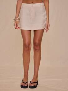 MUSERA 低腰修身亚麻迷你裙，仅限夏季度假，可爱优雅甜美。 - 粉色 - 查看 1