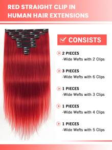 8Pcs Red Straight Clip In Virgin Human Hair Extensions Clip-In Hair Extensions Weft Hair Extension Hair Weaves 10-24inches 120G 100% Human Hair For Women HairPiece Halloween Costumes - SRed - View 8