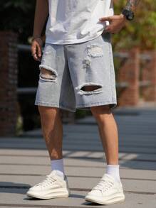 Manfinity LEGND Men's Light Wash Denim Bermuda Shorts: Avant-Garde Street Casual Style With Distressed Detailing And Zipper Fly